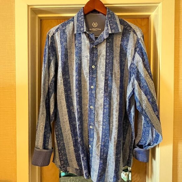 Bugatchi Blue Print Reverse Cuff Button Down Shirt sz M EUC - Picture 1 of 6